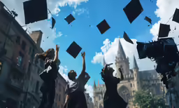 graduates throwing their hats in the air as they walk past the city