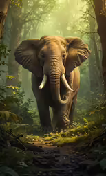an elephant is walking down a path through the woods