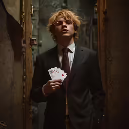 a man holding cards standing by a door
