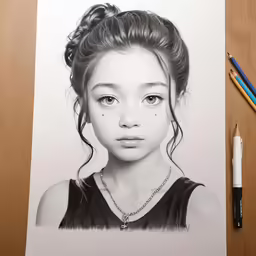 the girl is drawn in charcoal and has a drawing technique that adds a unique touch