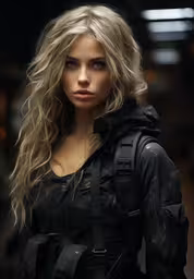 a woman wearing black is posing for a photograph,the model is dressed in black leather and has long hair