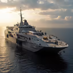 a large ship sitting in the ocean during a sunny day