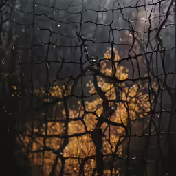 a view from behind a fence looking at the trees