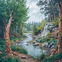 a stream runs between some tall trees and rocks