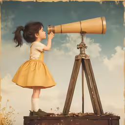 a girl is looking into a telescope on a tripod