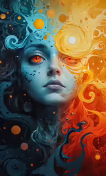 a woman is surrounded by orange circles
