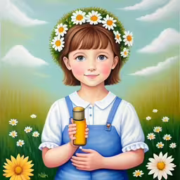 a painting of a little girl holding a glass of juice