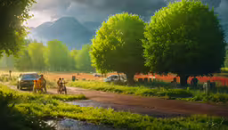 a group of people standing on the road by some trees,a truck is on the road next to a grassy field