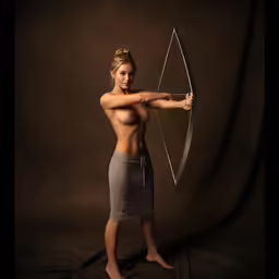 a beautiful woman holding a bow and arrow in the studio