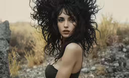 an attractive girl posing in a rocky field