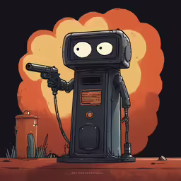cartoon character with a gas pump in front of a yellow flower
