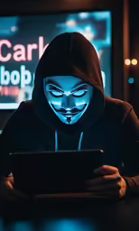 a person in a mask using a tablet