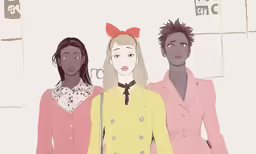 three women wearing yellow and pink stands in front of a white background