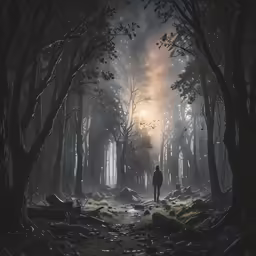 a person is standing at night in the forest