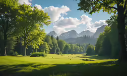 a painting of trees and mountains in the distance