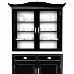 the dark black cabinet has white dishes on top