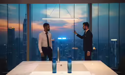 two men in office wear with city lights in the background