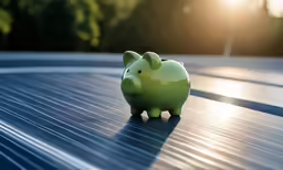 a small piggy bank with the sun setting in the background