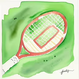 a watercolor painting with a tennis racquet,watercolor painting of a tennis racket,an illustration shows a tennis racquet resting in the green grass,a picture of a tennis racquet resting on a grass surface,a painting of a tennis racquet