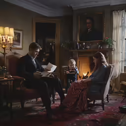 a man, woman and a young child are reading together