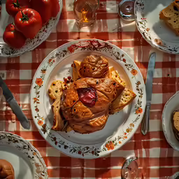 a red checkered tablecloth and utensils are seen at a dinner