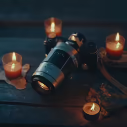 a camera and candles set up on top of a table