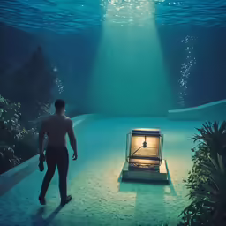 a man stands next to a suitcase under water