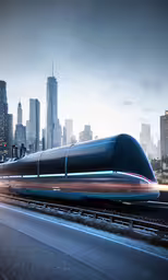 a large train on a steel track near some tall buildings,a high speed train in front of the city skyline