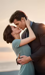 a man and woman embrace in front of the sunset