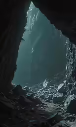 the entrance to an underground cave with snow on the ground