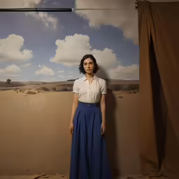 a woman standing by a photo in front of a window