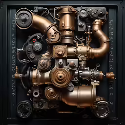 some metal pipes and assorted valves in a frame