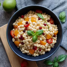 a bowl full of pasta salad sits next to a cutting board
