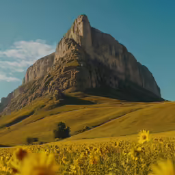there are flowers next to a mountain