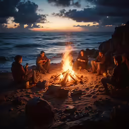 people gather around a fire while the sun is setting