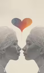 two girls with their heads facing each other and the words love in red and blue
