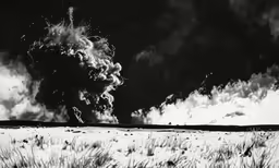 black and white photograph of a sky with smoke