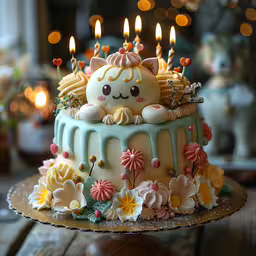 a cake with decorations sitting on top of a table,a small cake on a plate with little lit candles