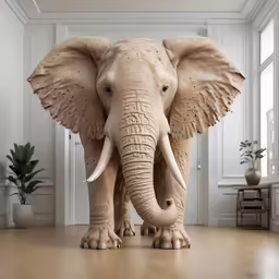 an elephant statue in the middle of an empty room