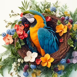 blue and yellow parrot with flowers, and grass