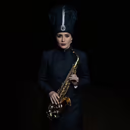 a woman dressed in black and holding a gold saxophone