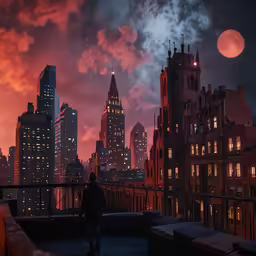 a man walking across a bridge over a city at night