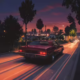 red car driving down the street at night