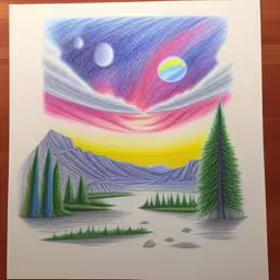 /tmp/FOOJF9SYP.jpg = a drawing of a landscape that is colored with colored pencils
,/tmp/FOOJF9SYP.jpg = a drawing of a lake surrounded by mountains and trees
,/tmp/FOOJF9SYP.jpg = this is a drawing of mountains, lakes, and trees on paper
,/tmp/FOOJF9SYP.jpg = a picture on a wood frame with paste pastel drawing
,/tmp/FOOJF9SYP.jpg = a drawing of mountains, a lake, and stars and planets
,/tmp/FOOJF9SYP.jpg = drawing by the same person at different heights and colors
,/tmp/FOOJF9SYP.jpg = this is an artistic drawing of water and sky
