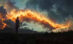 a woman standing in the sun and clouds