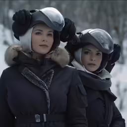 a couple of women in winter clothes with ski goggles on