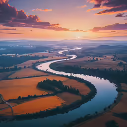 an aerial view of a river and a valley