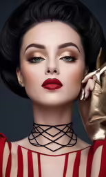 a woman with gold gloves and red lipstick