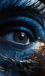 a blue eye with a long eyelashes and light coming from behind