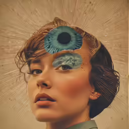 a woman with a blue eyeball is featured in the image
